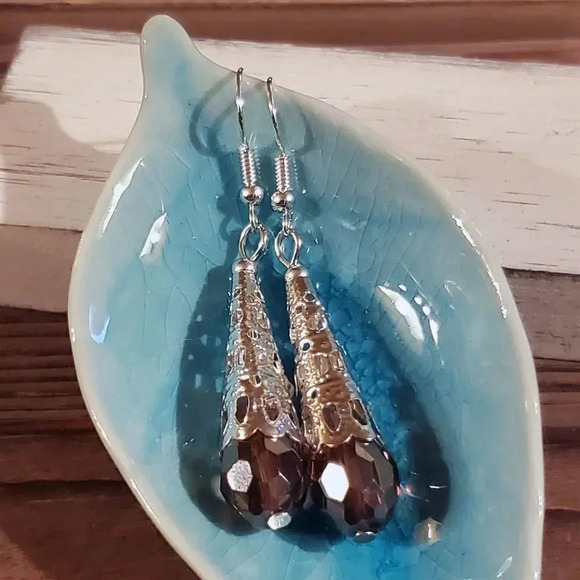 Handcrafted Caged Filigree Faceted Purple Crystal Silver Teardrop Earrings - Picture 5 of 8